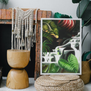 Lush Forest Waterfall in Geometric Art Style v1 Canvas Afdruk