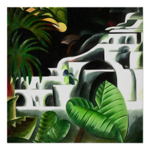 Lush Forest Waterfall in Geometric Art Style v1 Perfect Poster