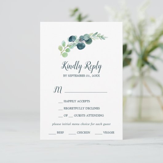 Lush Greenery and Eucalyptus Menu Choice RSVP Card (Staand voorkant)