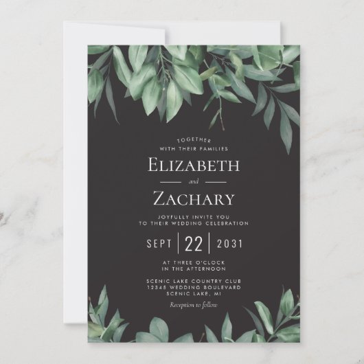 Lush Greenery Border Black Wedding Kaart (Voorkant)
