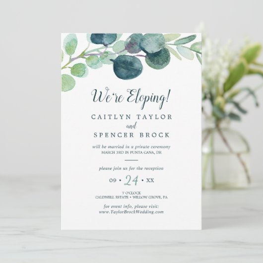 Lush Greenery en Eucalyptus Elopement Reception Kaart (Staand voorkant)
