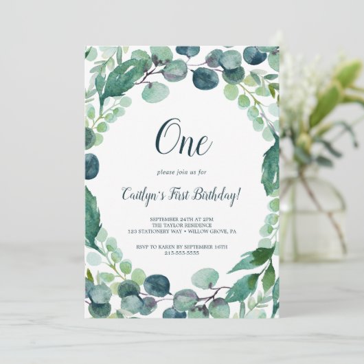 Lush Greenery en Eucalyptus First Birthday Kaart (Staand voorkant)