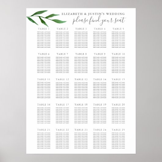 Lush Leaves Elegant 25 Table Wedding Seating Chart Poster (Voorkant)