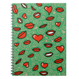 Lush Love: Red Lips & Hearts Pop op groen Notitieboek