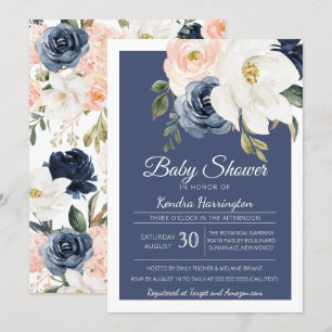 Lush Magnolia Roos Navy Blue & Blush Baby shower Kaart