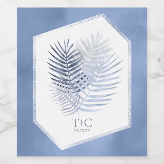 Lush Palm Leaf Wedding Blue ID956 Wijn Etiket (Enkel label)