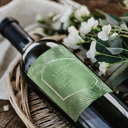 Lush Palm Leaf Wedding Welcome Moss Green ID956 Wijn Etiket