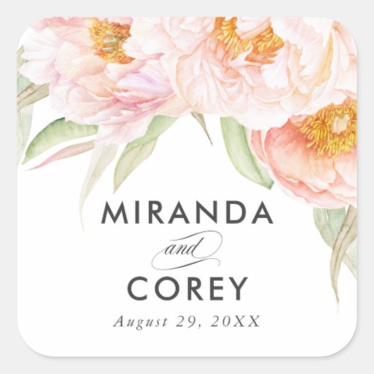 Lush Pink Peonies Floral Vierkante Sticker (Voorkant)