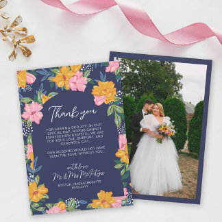 Lush Pink Yellow Flowers Dark Blue Wedding Photo Bedankkaart