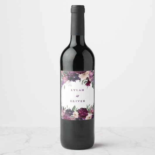 Lush Purple Flowers | Romantisch huwelijk Wijn Etiket (Voorkant)