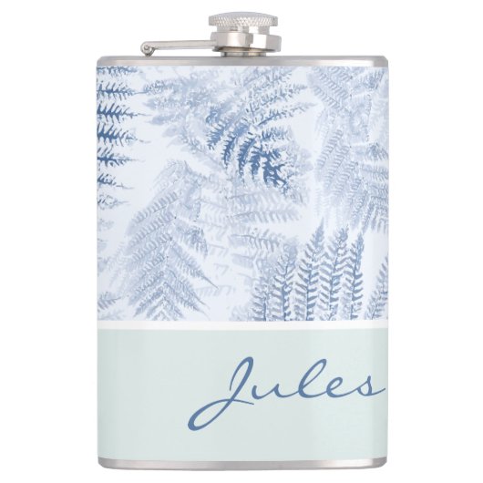 Lush Serene Blue Ferns op groen Heupfles (Voorkant)