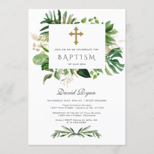 Lush Tropical Foliage Gold Cross Boy Baptisme Kaart