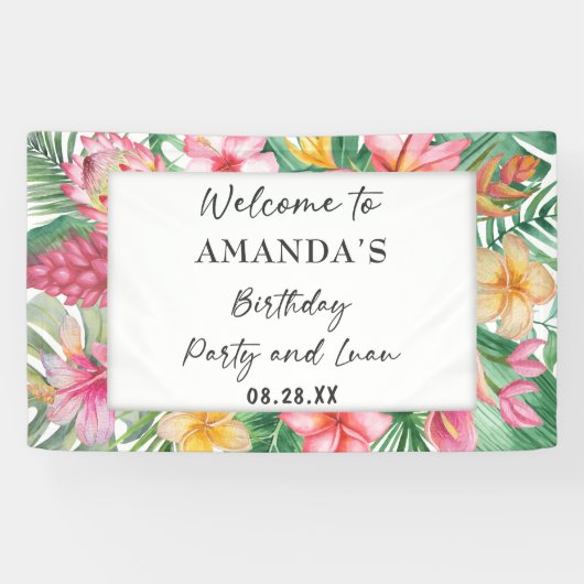 Lush Tropical Greenery Floral Birthday Party Luau Spandoek (Horizontaal)