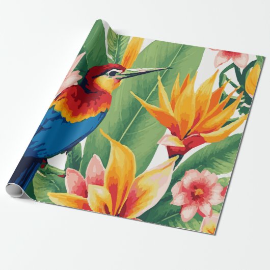 Lush Tropical Plants with Exotic Bird Pattern Cadeaupapier (Uitgerold)