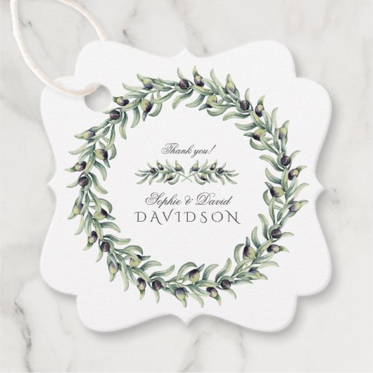 Lush Waterverf Olive Branches Wreath Wedding Bedankjes Labels (Voorkant)