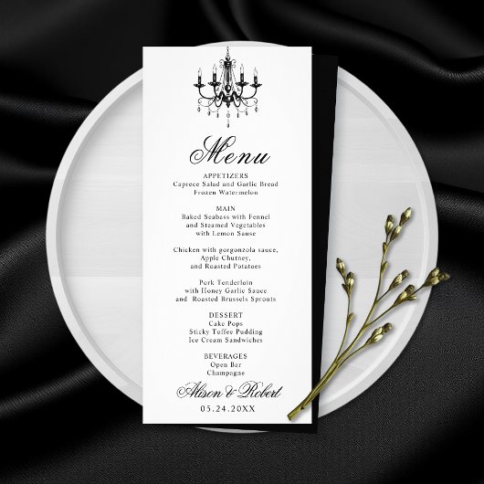Lustre noir blanc Vieux argent carte menu mariage