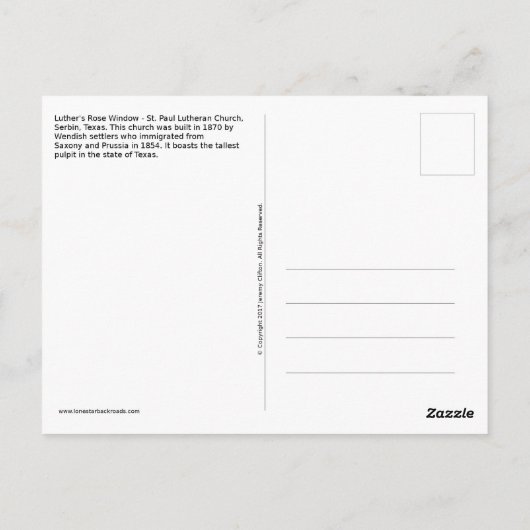 Luther's Roos Window Post Card - St. Paul Lutheran Briefkaart (Achterkant)