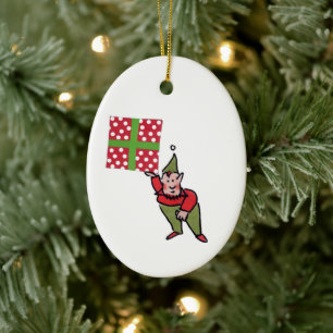 Lutins avec cadeau à pois ornement en céramique ov