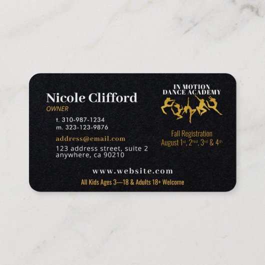 Lux Dance Studio En laiton Noir Cartes de visite (Dos)