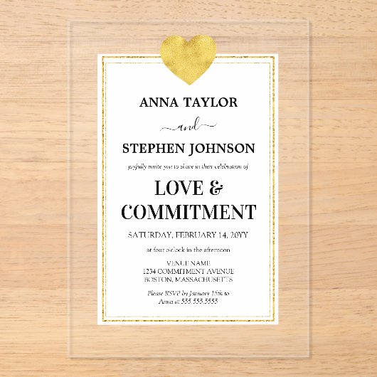 Lux Gold Heart Love & Commitment Ceremonie Acryl Uitnodigingen (Voorkant)