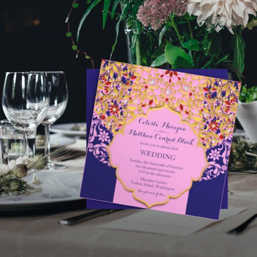 Lux Jeweled Gold Roze Blauw Hindoe bruiloft Kaart