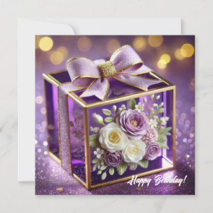 Lux paarse glazen bloemen cadeau gouden chiffon bo feestdagenkaart