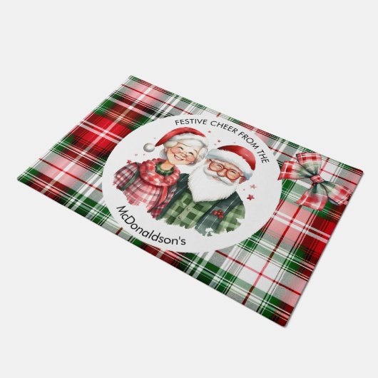 Lux Rood Groen Plaid Aangepaste Naam Kerst Deurmat (Schuin)