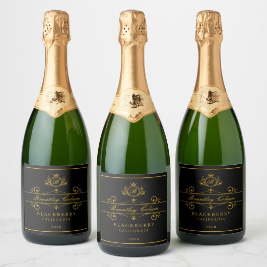 Lux Royal Gold  Monogram Wijnzwart Label Sparkling Wijnetiket (Flessen)