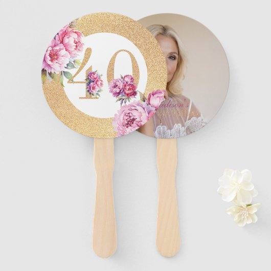 Luxe 40e verjaardag aangepaste foto Glitter Handwaaier (Voorkant en achterkant)