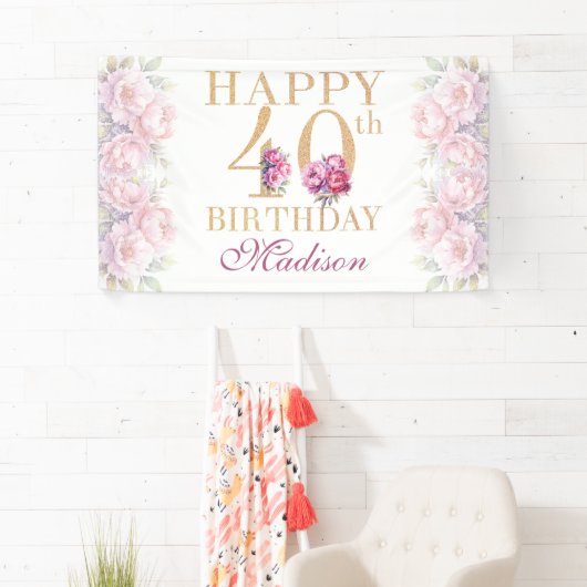 Luxe 40e verjaardag pioenroze gouden glitter spandoek (Insitu)