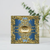 Luxe 50ste verjaardagsfeest goud blauw kaart (Staand voorkant)