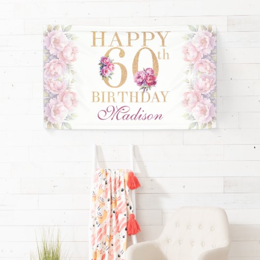 Luxe 60e verjaardag pioenroze gouden glitter spandoek (Insitu)