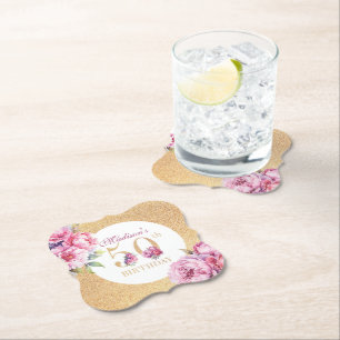 Luxe aangepaste 50e verjaardag pioenrozen gouden g kartonnen onderzetters