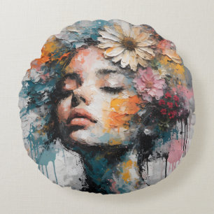 Luxe Abstract Bloemschilderij van een Vrouw Wandsi Rond Kussen