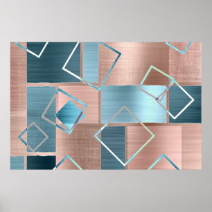 Luxe Abstract Blush Roos Gold en Blauwgroen geom Poster