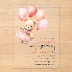 Luxe Acryl Teddybeer Meisje 1e Verjaardag Uitnodigingen