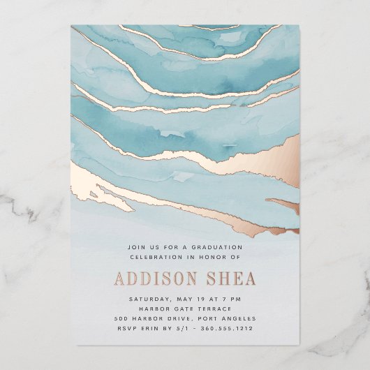 Luxe Aqua Marble Graduation Party Folie Uitnodiging (Voorkant)