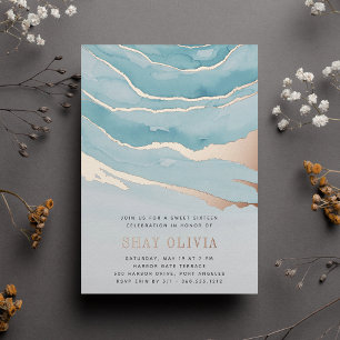 Luxe Aqua Marble Sweet Sixteen Birthday Folie Uitnodiging