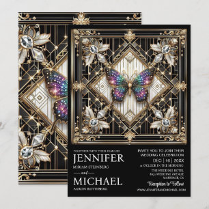 Luxe Art Deco Regenboog Vlinder Bruiloft Kaart