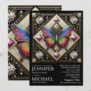 Luxe Art Deco Regenboog Vlinder Bruiloft Kaart