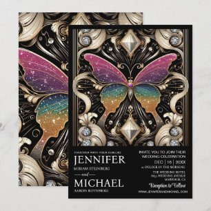 Luxe Art Deco Regenboog Vlinder Bruiloft Kaart