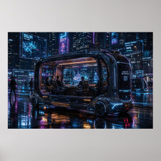 Luxe Autonome Kantoor Pod in Cyberpunk Stad Poster