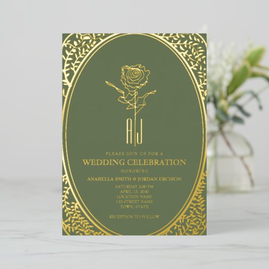Luxe barok groen en gouden bruiloft folie uitnodiging (Staand Voorkant)