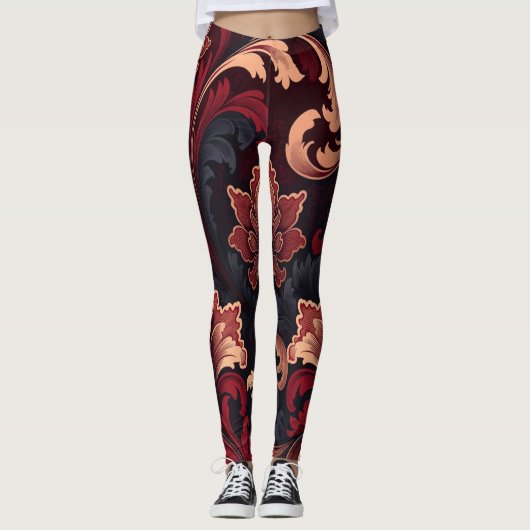 Luxe Barokke Bloemige Spiraalpatroon Ontwerp Leggings (Voorkant)