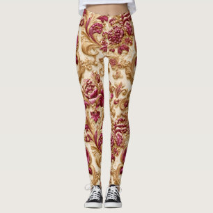 Luxe Barokke Bloemmotief Goud en Burgundy Leggings