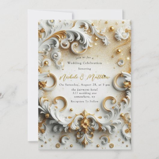 Luxe Barokke Stijl Wit Goud Huwelijk Kaart (Voorkant)