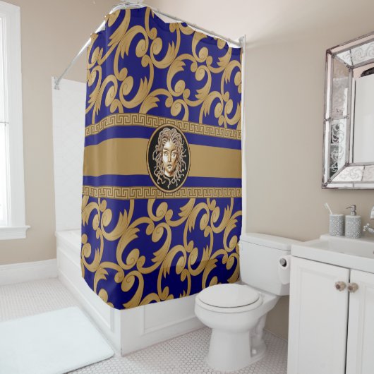 Luxe Baroque Medusa Blue & Gold Douchegordijn (In situ)