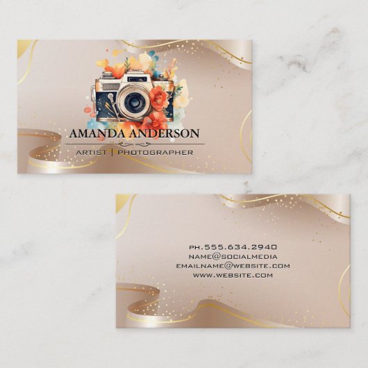 Luxe beige en gouden linten | Bloemen Camera Visitekaartje (Voorkant / Achterkant)