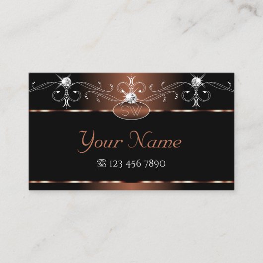 Luxe Black Brown Squiggles Sparkle Jewels Monogram Visitekaartje (Voorkant)