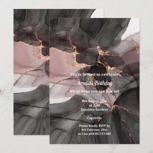 LUXE BLACK PINK CHIFFON PARTY KAART (Voorkant / Achterkant)